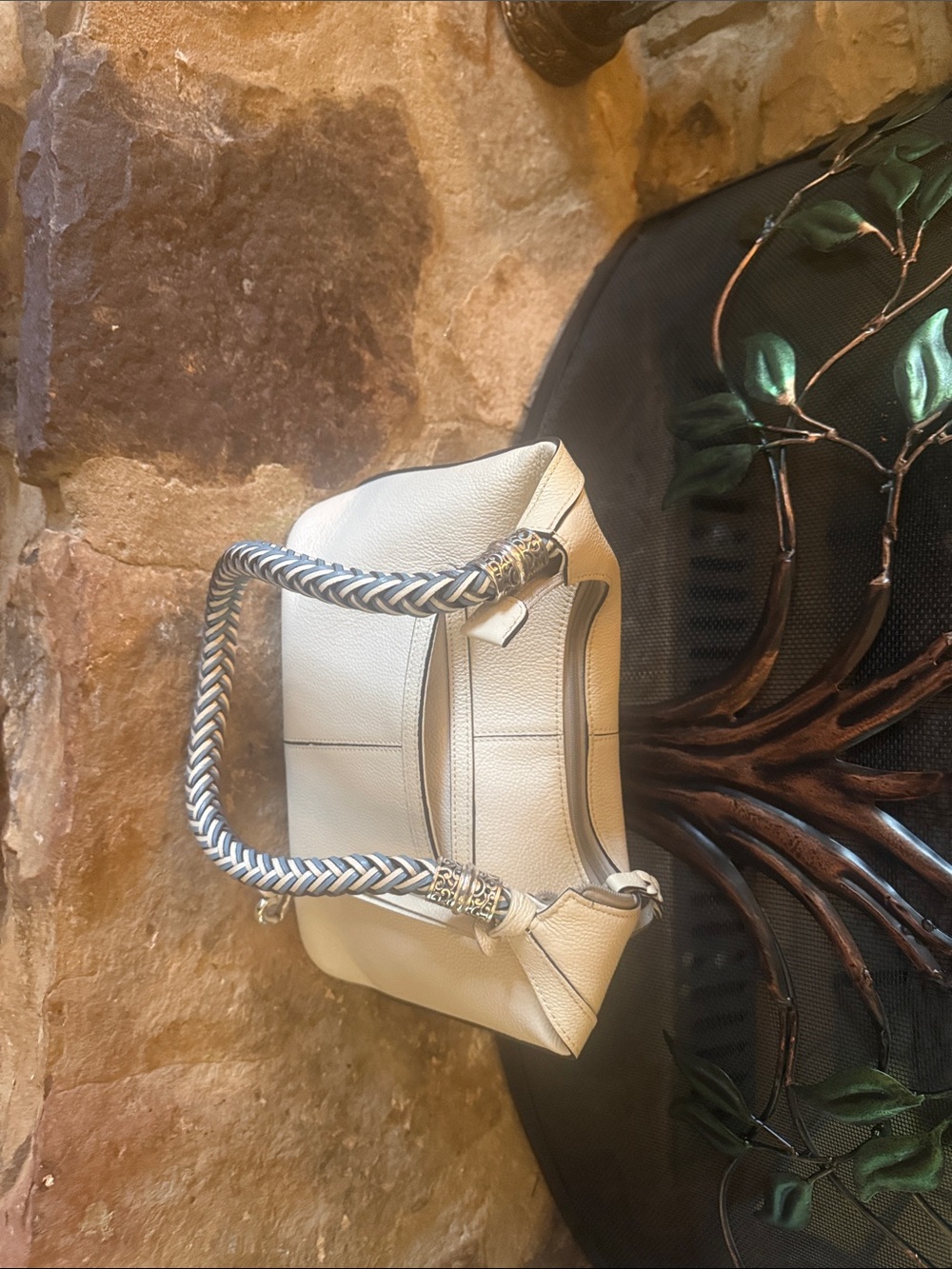 Cream Leather Shoulder Bag with Braided Handles